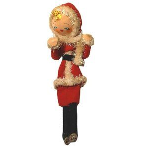 Vintage Skinny Mrs Santa Cloth Doll Hand Painted Face Tinsel Fur Trim 8"